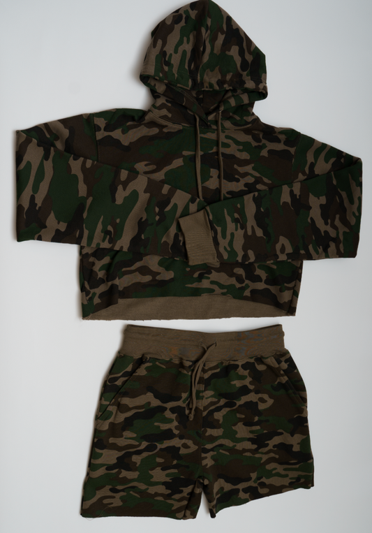 Camo Crop Top Fleece Short Set